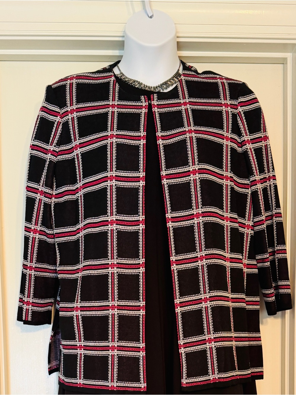 Ming Wang Black Plaid Open Front Jacket with Pink and White Windowpane